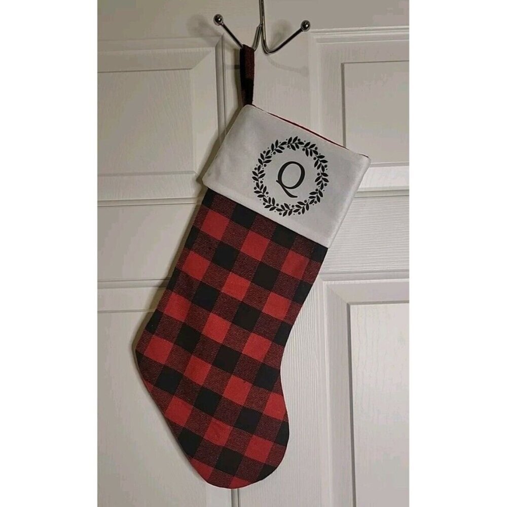 Winter Greetings Black &‎ Red Monogram Q Buffalo Check Plaid Stocking 22" Long